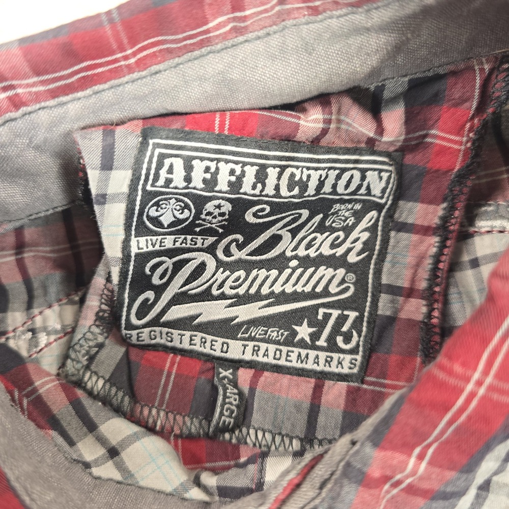 Affliction Black Premium Mens XL Plaid Button Down Shirt Back Embroidery Red - Picture 6 of 9